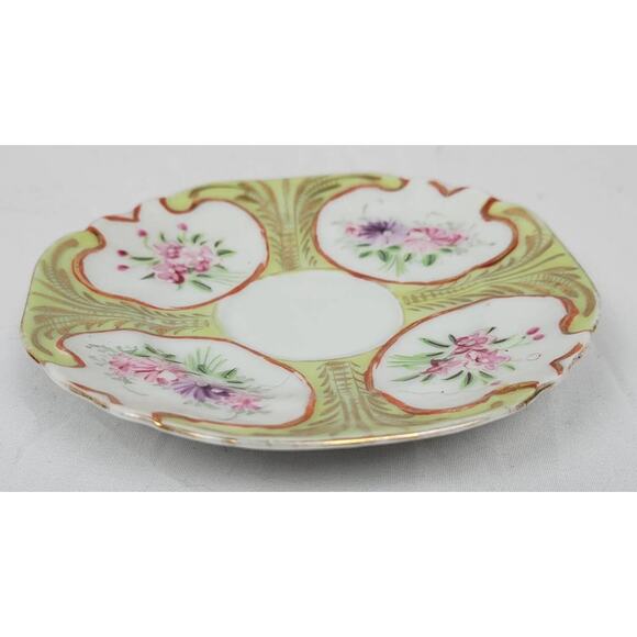 White Porcelain Fine China Teacup with Green Paint, Gold Accent, Pink Flowers - Picture 2 of 3